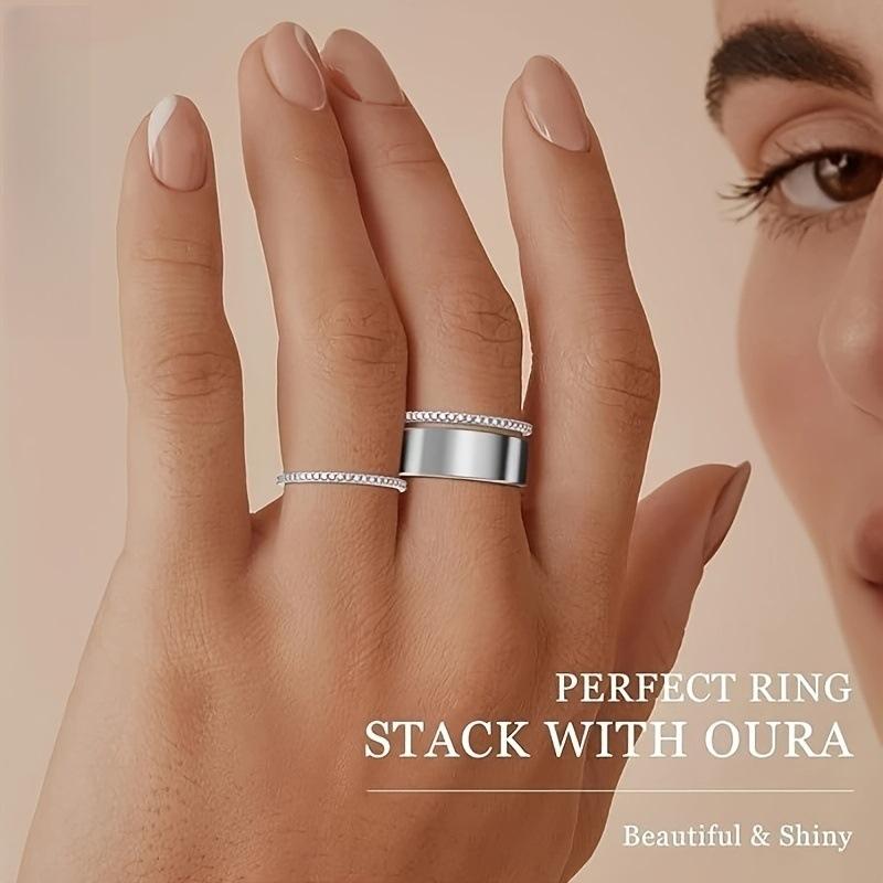 For Oura5,with smart rings【Ring not included】Stainless steel wide-band ring with smooth finish and stacked-look edge detailing; minimalist style,Compatible with Oura5