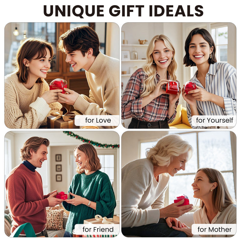 Collage of people exchanging gifts with text indicating recipient types.