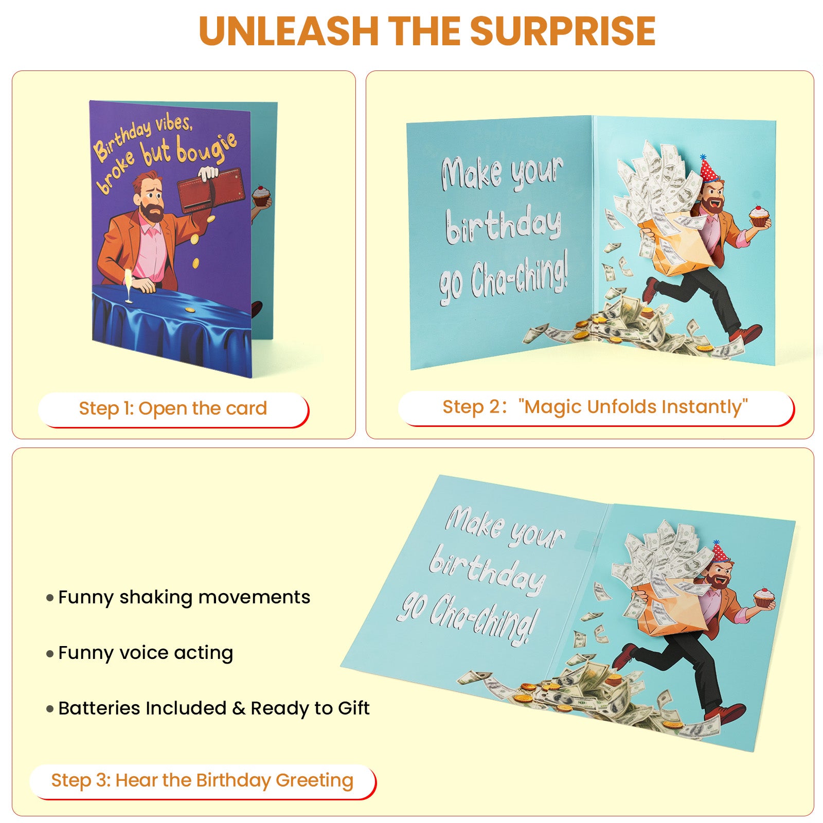 Funny Birthday Card，Musical Birthday Card with Shaking Money Bag – Interactive Happy Birthday Greeting Card with Music & Envelope, Surprise Birthday Gift for Men, Women & Kids