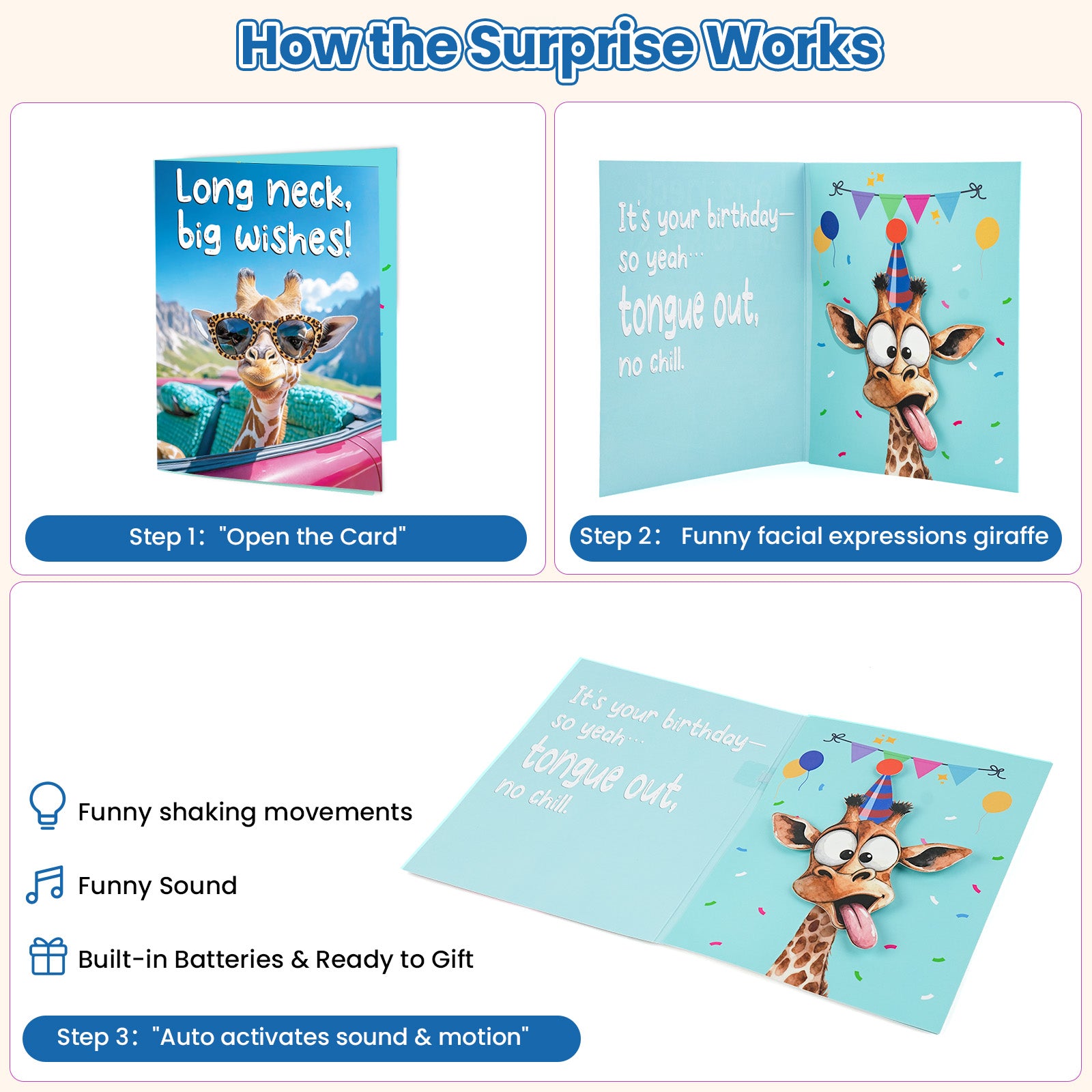 Mountova Funny Birthday Cards with Sound & Motion, Musical Shaking Giraffe Interactive Greeting Card for Women Men Kids, Happy Birthday Card with Envelope for Family Friends Coworker