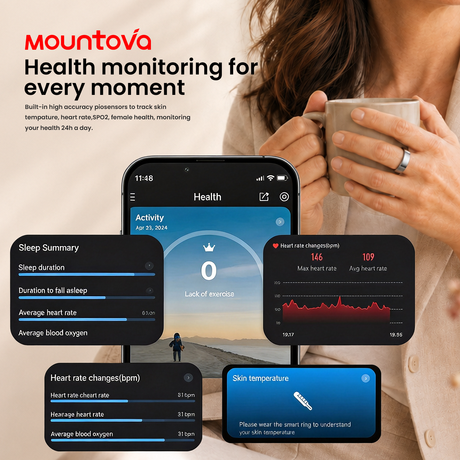 Mountova UR5 Smart Ring for For Women & Men - Premium Stainless Steel Fitness Tracker with 24/7 Heart Rate, Sleep, Stress & Menstrual Cycle Tracking, Family Care Mode, 5ATM Waterproof , No Subscription, iOS & Android Compatible, Gift Box Included,sohochic