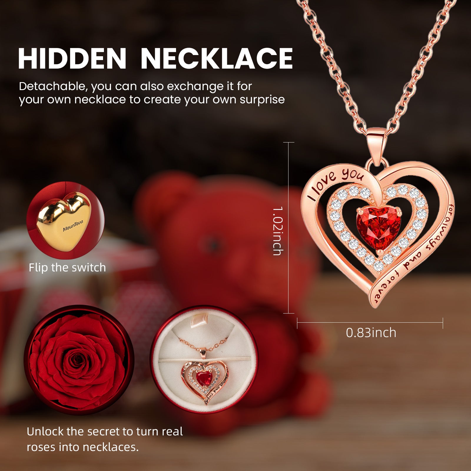 Eternal Rose Bear with Heart Necklace, Romantic Jewelry Gift Box, I Love You Pendant for Wife, Girlfriend, Birthday Anniversary