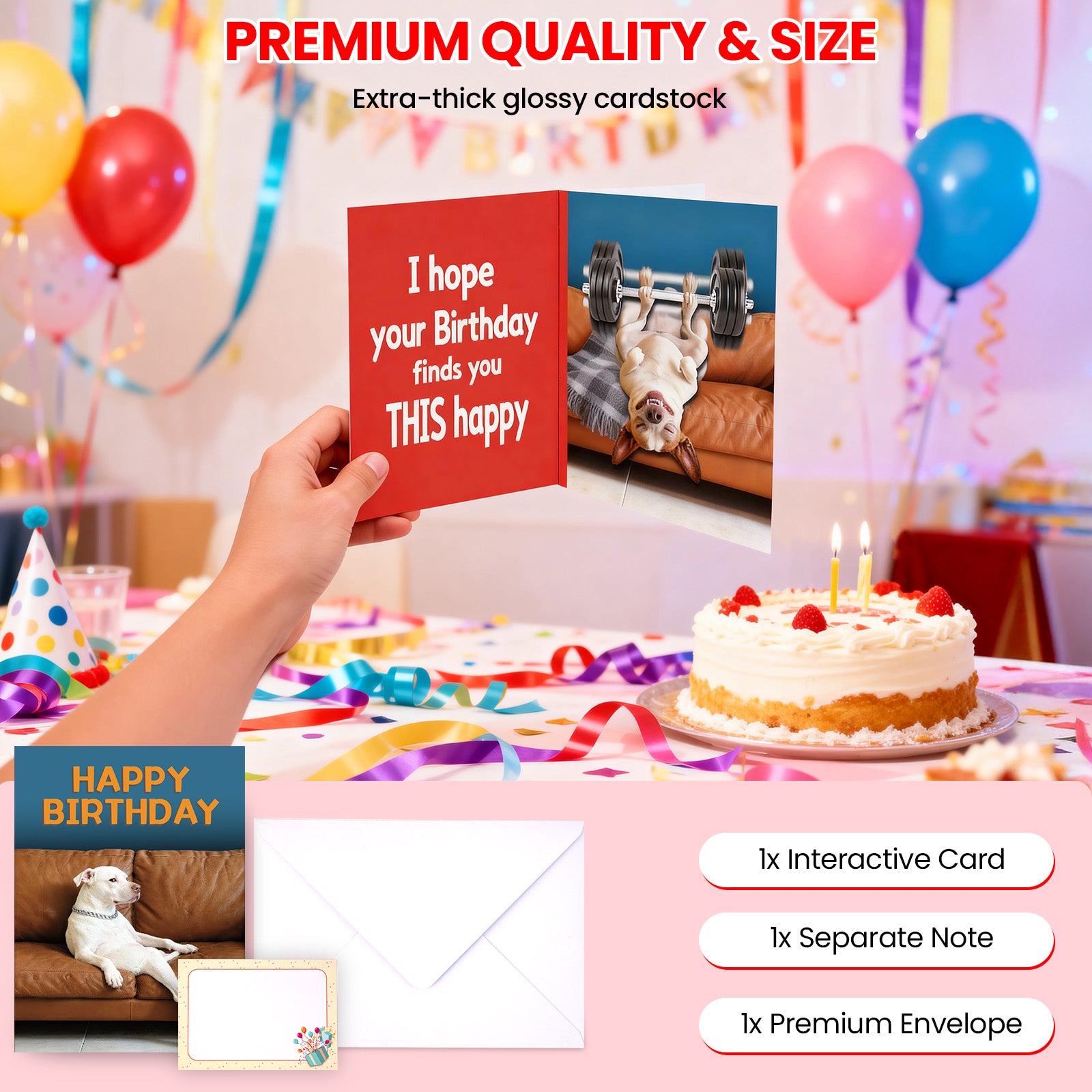 Mountova Funny Animated Birthday Card with Sound, Shaking Barbell Dog, Interactive Humorous Greeting Card with Envelope, Happy Birthday Gift for Family, Friends, Coworkers