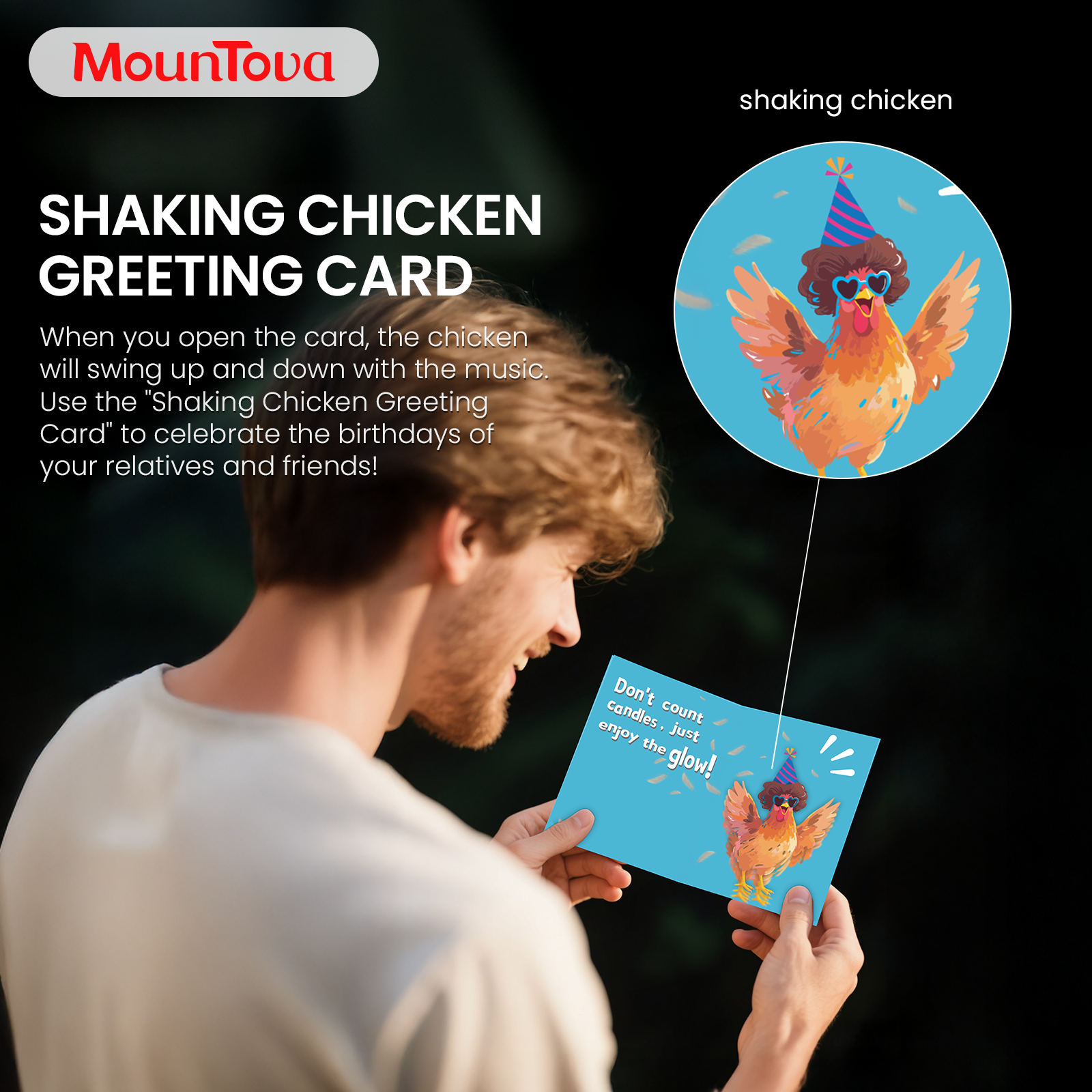 mountova Dancing Chicken Birthday Card, Funny Birthday Card for Men Women Kids, Music & Shaking Body Motion Greeting Card with Envelope, Unique Hilarious Birthday Gift, 5.9 Inch x 8.4 Inch