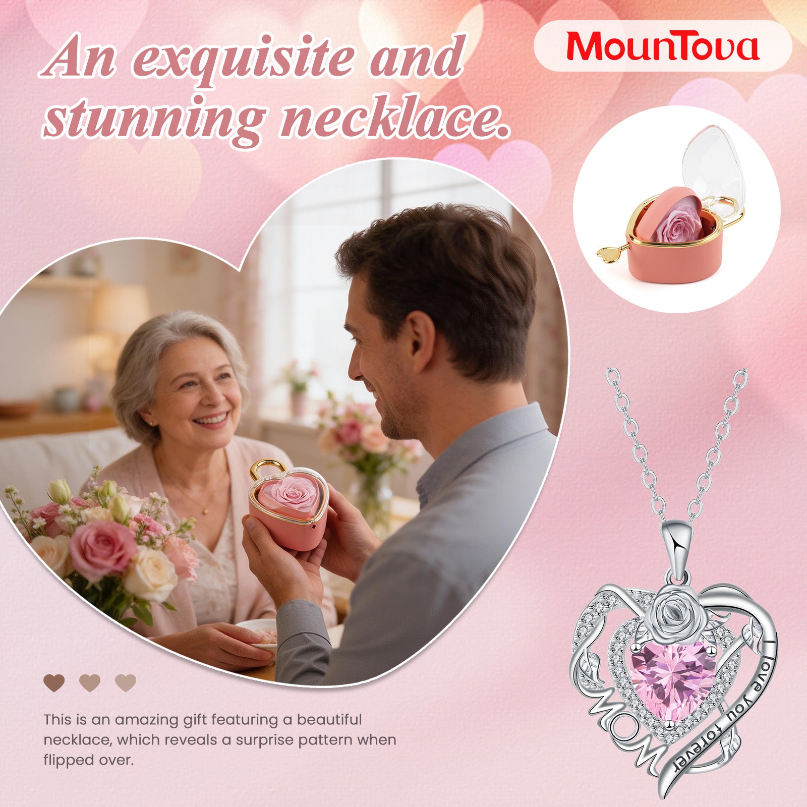 【V-Day gift for mom】Real Rose jewelry box, containing a heart-shaped rose pendant necklace Heart necklace A perfect gift for mom or grandma, ideal for Mother's Day or Valentine's Day.