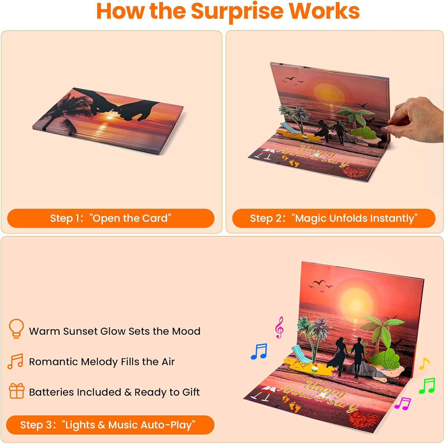 Anniversary Card with Music and Lights, 3D Pop Up Happy Anniversary Cards for Women Men Wife Husband Couple, Beach Vacation Invitation Card for Him or Her