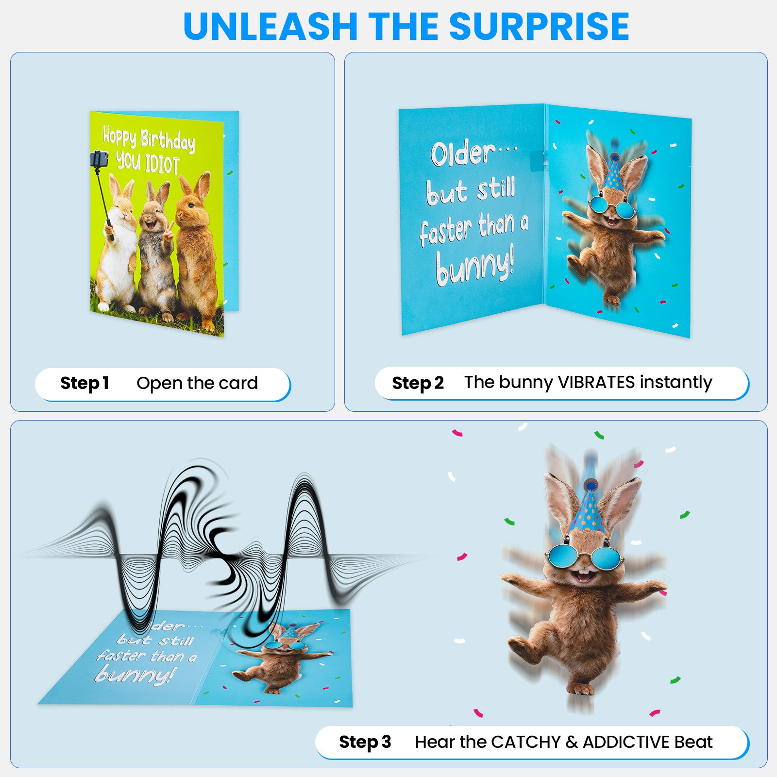 Funny Birthday Cards, Unique SHAKING & MUSICAL Birthday Card for Women Men Dad Husband, Hilarious Bunny-Themed Pop Up Greeting Card, Envelope & Extra Blank Card Included