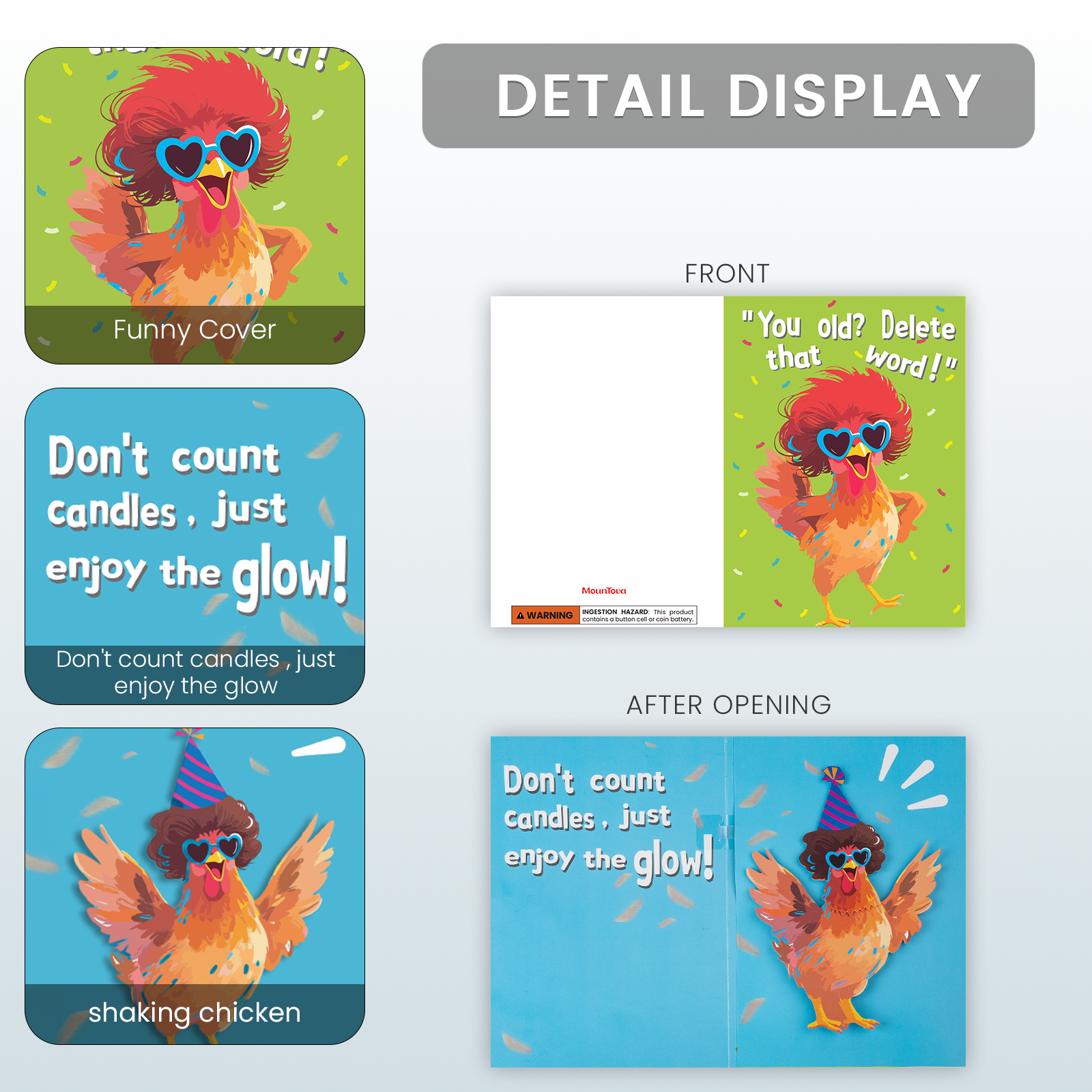 mountova Dancing Chicken Birthday Card, Funny Birthday Card for Men Women Kids, Music & Shaking Body Motion Greeting Card with Envelope, Unique Hilarious Birthday Gift, 5.9 Inch x 8.4 Inch