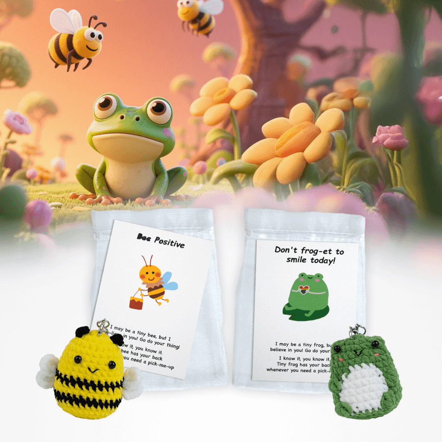 Crocheted Animal Pocket Hug | "Bee Positive" & "Frog-et to Smile" Encouragement Keychain