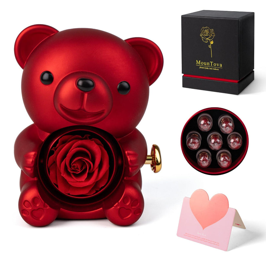 Red Teddy Bear and Preserved Flower with Heartfelt Message