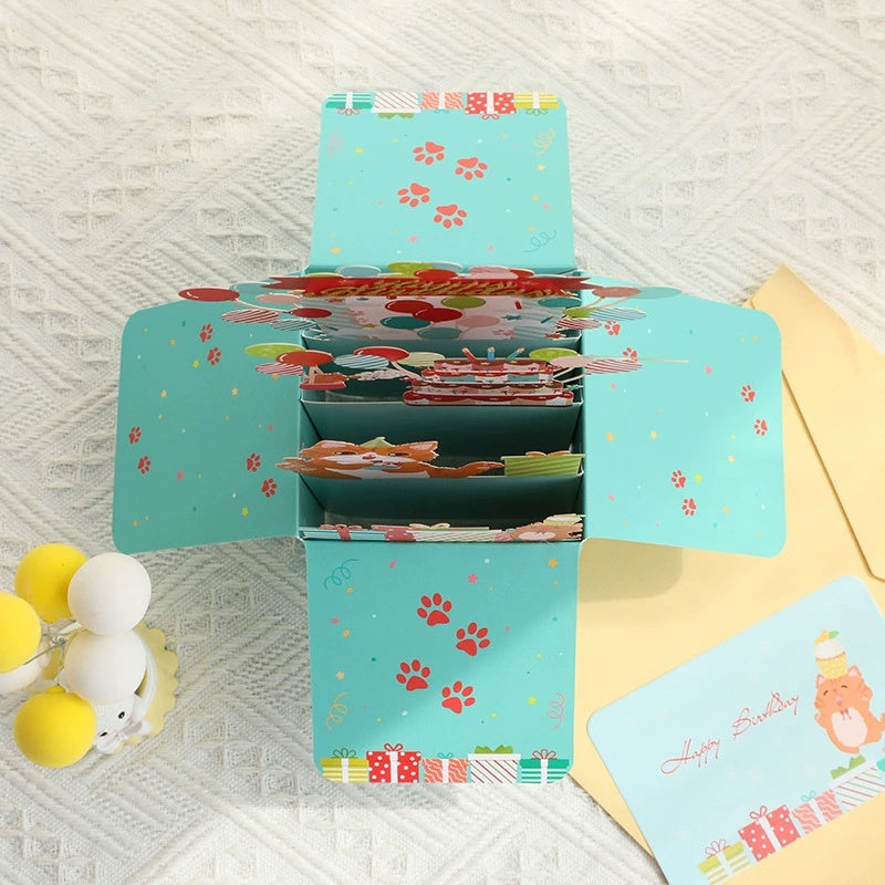Cat with Balloon Pop up Card, 3D Greeting Card for Birthday