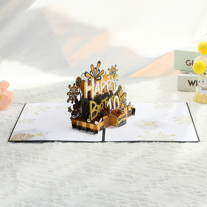 Gâteau noir et or avec musique, lumières et bougies soufflées, carte de vœux 3D