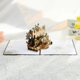 Gâteau noir et or avec musique, lumières et bougies soufflées, carte de vœux 3D