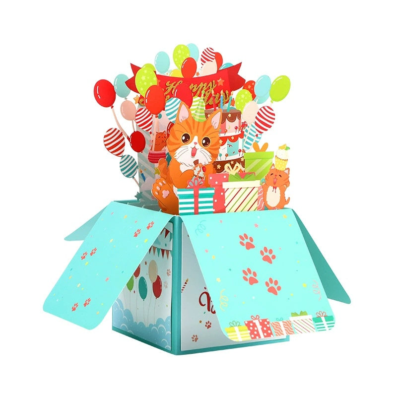Cat with Balloon Pop up Card, 3D Greeting Card for Birthday