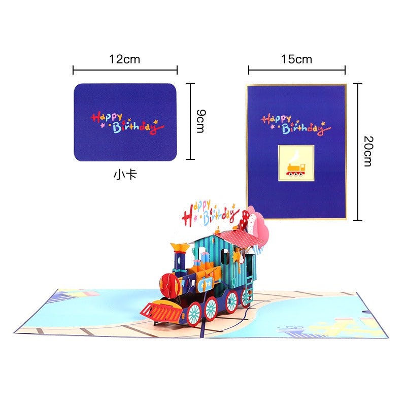 3D train birthday card with 'Happy Birthday' text, displayed with measurements on a white background.