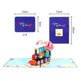 3D train birthday card with 'Happy Birthday' text, displayed with measurements on a white background.