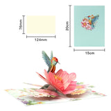 Pop-up card with a bird and flower design, shown with measurements on a white background.
