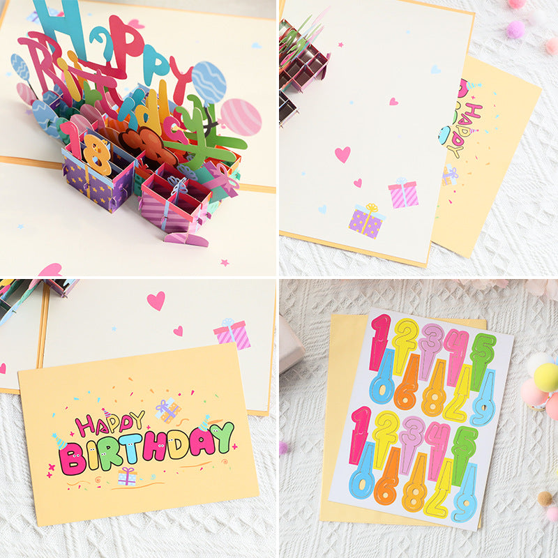 Collage of colorful birthday cards with letter and number cutouts on a light wooden surface.