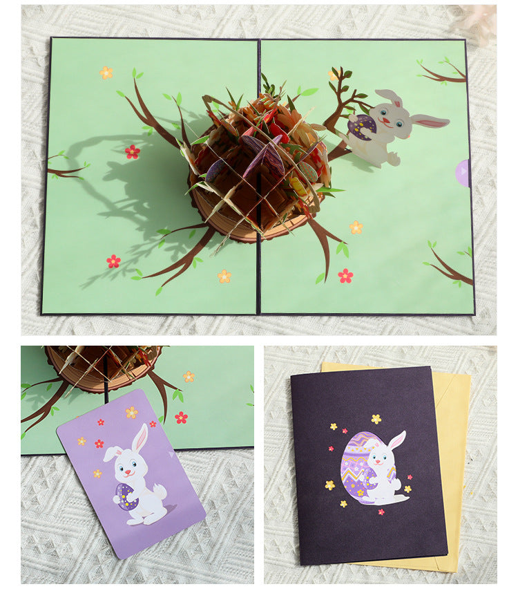 Collage of Easter-themed greeting cards with rabbits and eggs on a textured surface.