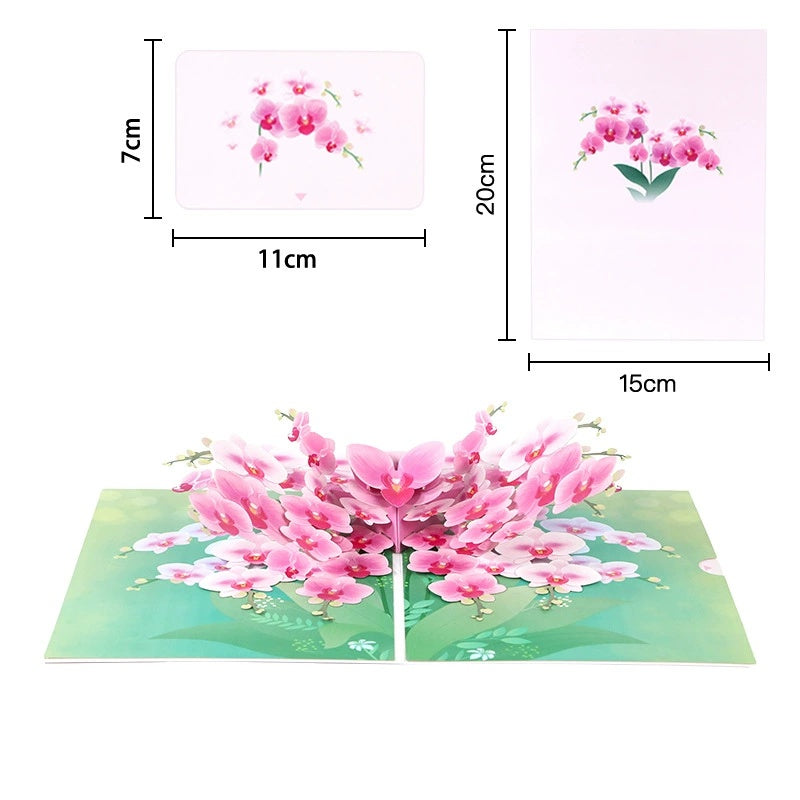 Pop-up card with pink flowers and measurements on a white background