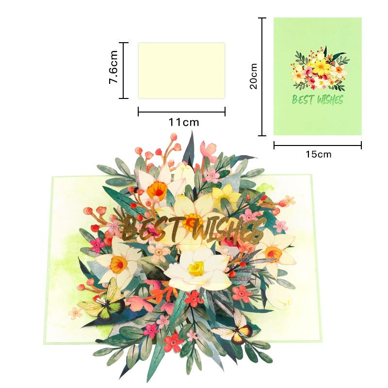 Floral card with 'Best Wishes' text and measurements on a white background