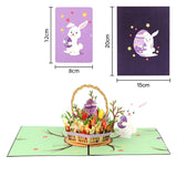 Easter-themed pop-up card with rabbit and basket design, showing dimensions.
