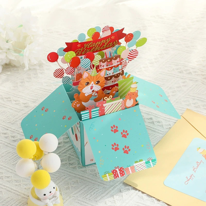 Cat with Balloon Pop up Card, 3D Greeting Card for Birthday