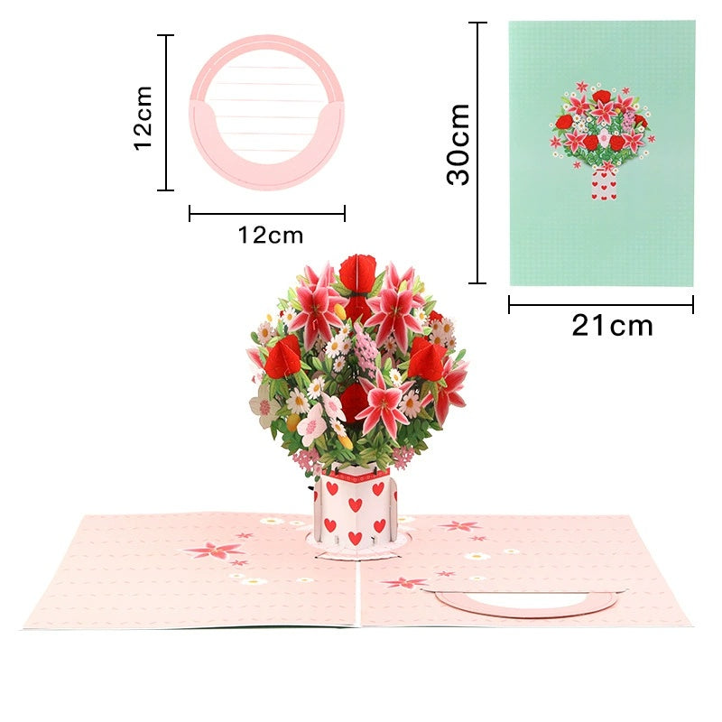 Pop-up card with floral design and measurements on a white background