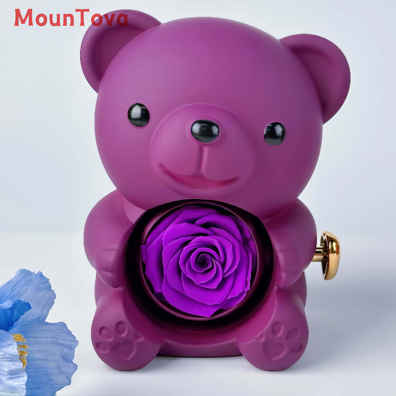 Mountova Teddy Bear Gift Box with Rotating Eternal Flower（Royal Purple）