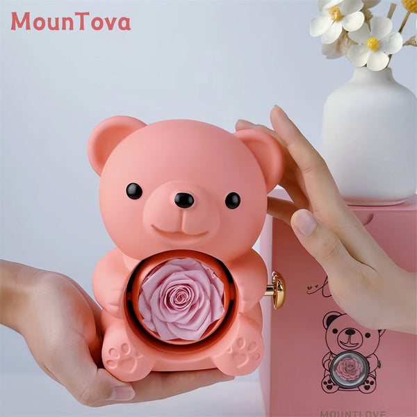 Mountova Teddy Bear Gift Box with Rotating Eternal Flower（Blush Pink)