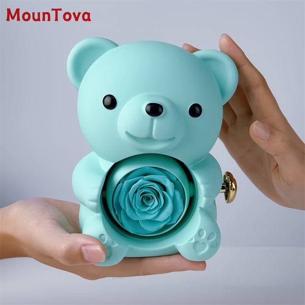 Mountova Teddy Bear Gift Box with Rotating Eternal Flower（Tiffany Blue)