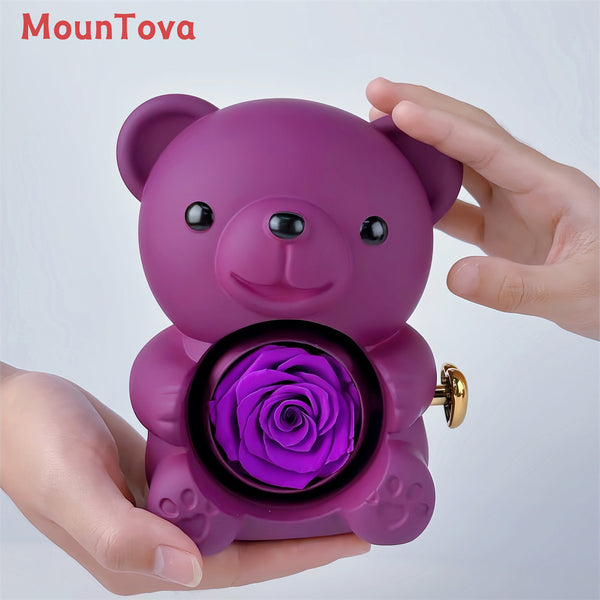 Mountova Teddy Bear Gift Box with Rotating Eternal Flower（Royal Purple）