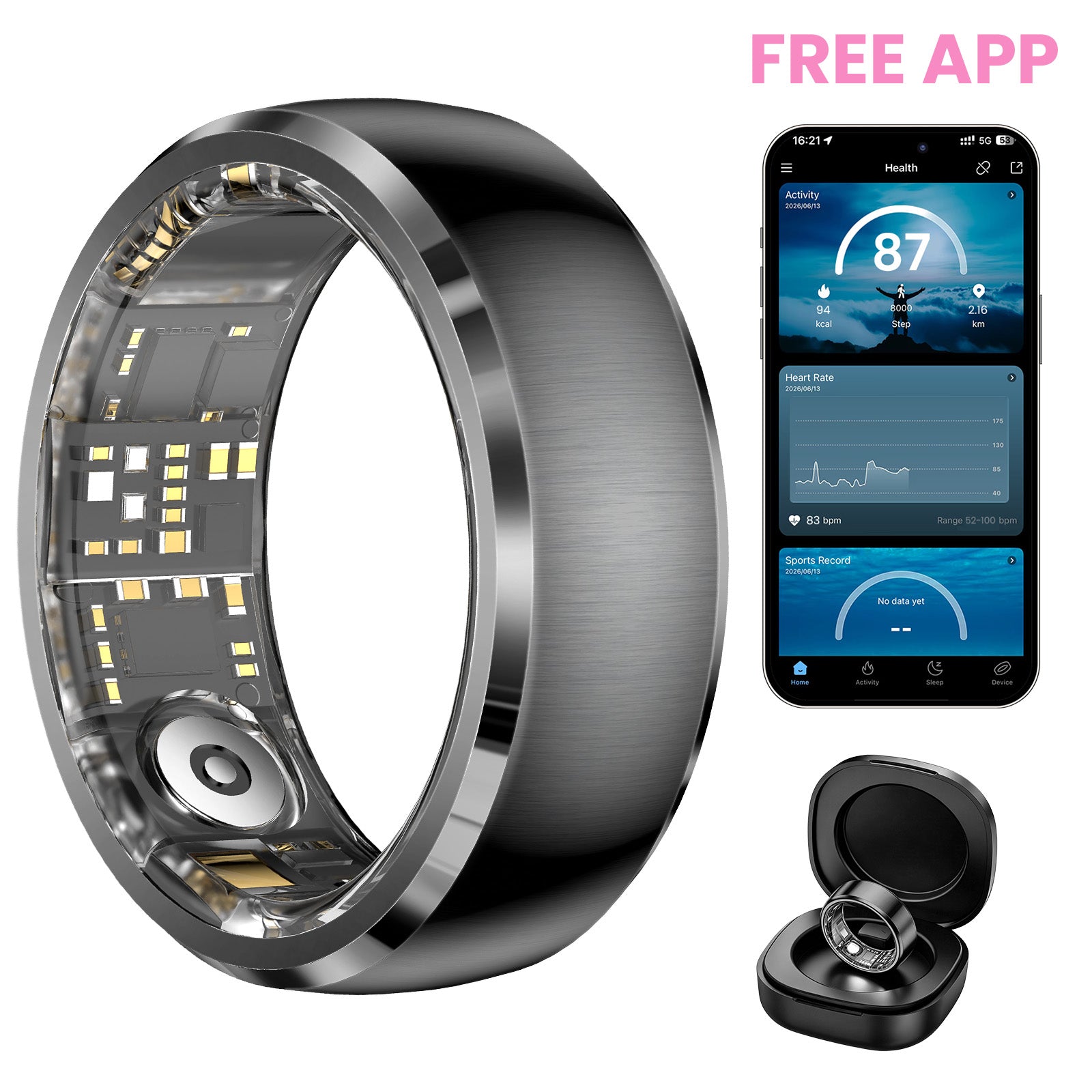 Vibration Call & Message Alert Stainless Steel Smart Health Ring, IP68 Waterproof Fitness Tracker, 24/7 Heart Rate Blood Oxygen Sleep Stress Monitor, 100+ Sports Modes, Family Care Long Battery Smart Ring for Men Women
