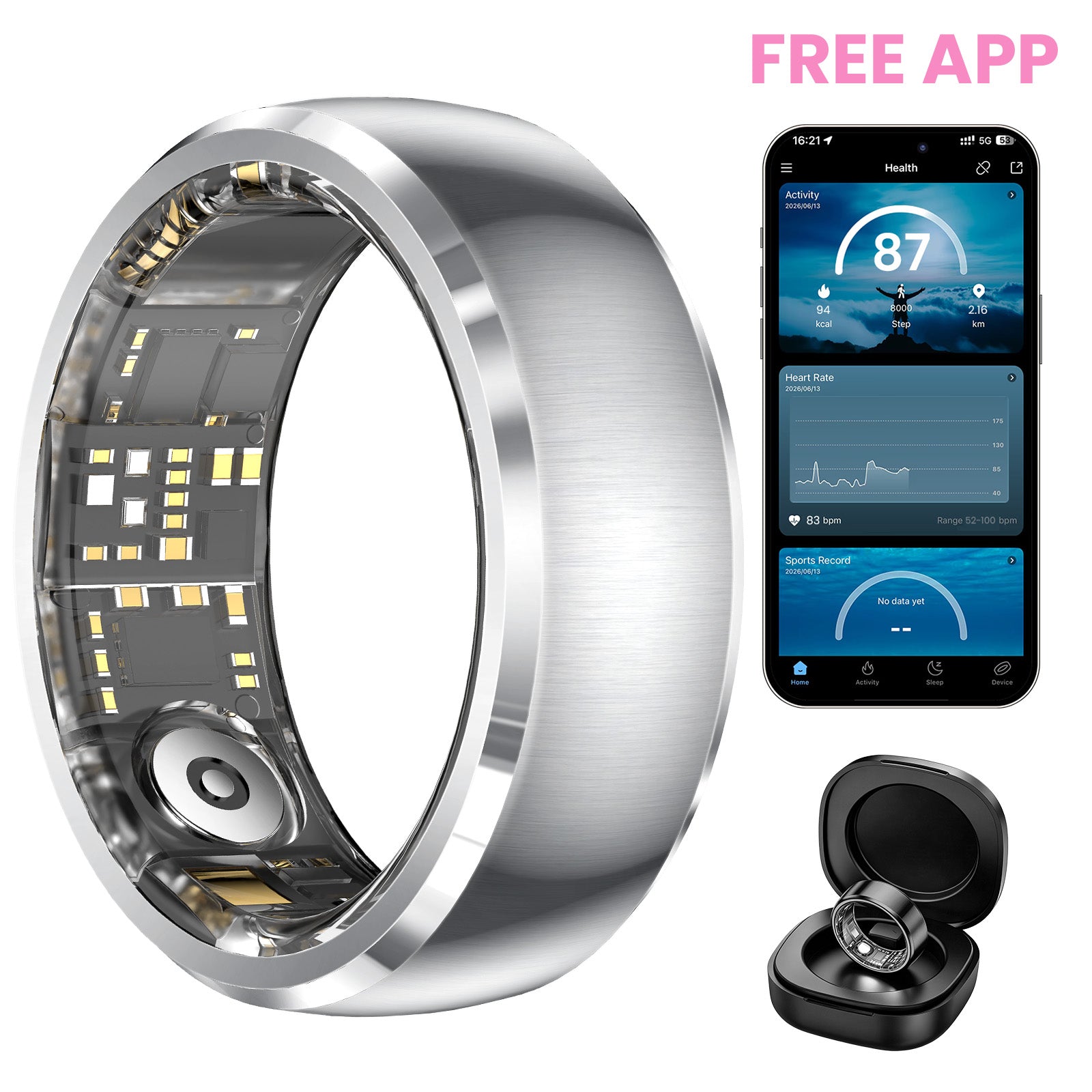 Vibration Call & Message Alert Stainless Steel Smart Health Ring, IP68 Waterproof Fitness Tracker, 24/7 Heart Rate Blood Oxygen Sleep Stress Monitor, 100+ Sports Modes, Family Care Long Battery Smart Ring for Men Women