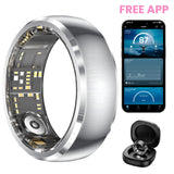 Vibration Call & Message Alert Stainless Steel Smart Health Ring, IP68 Waterproof Fitness Tracker, 24/7 Heart Rate Blood Oxygen Sleep Stress Monitor, 100+ Sports Modes, Family Care Long Battery Smart Ring for Men Women