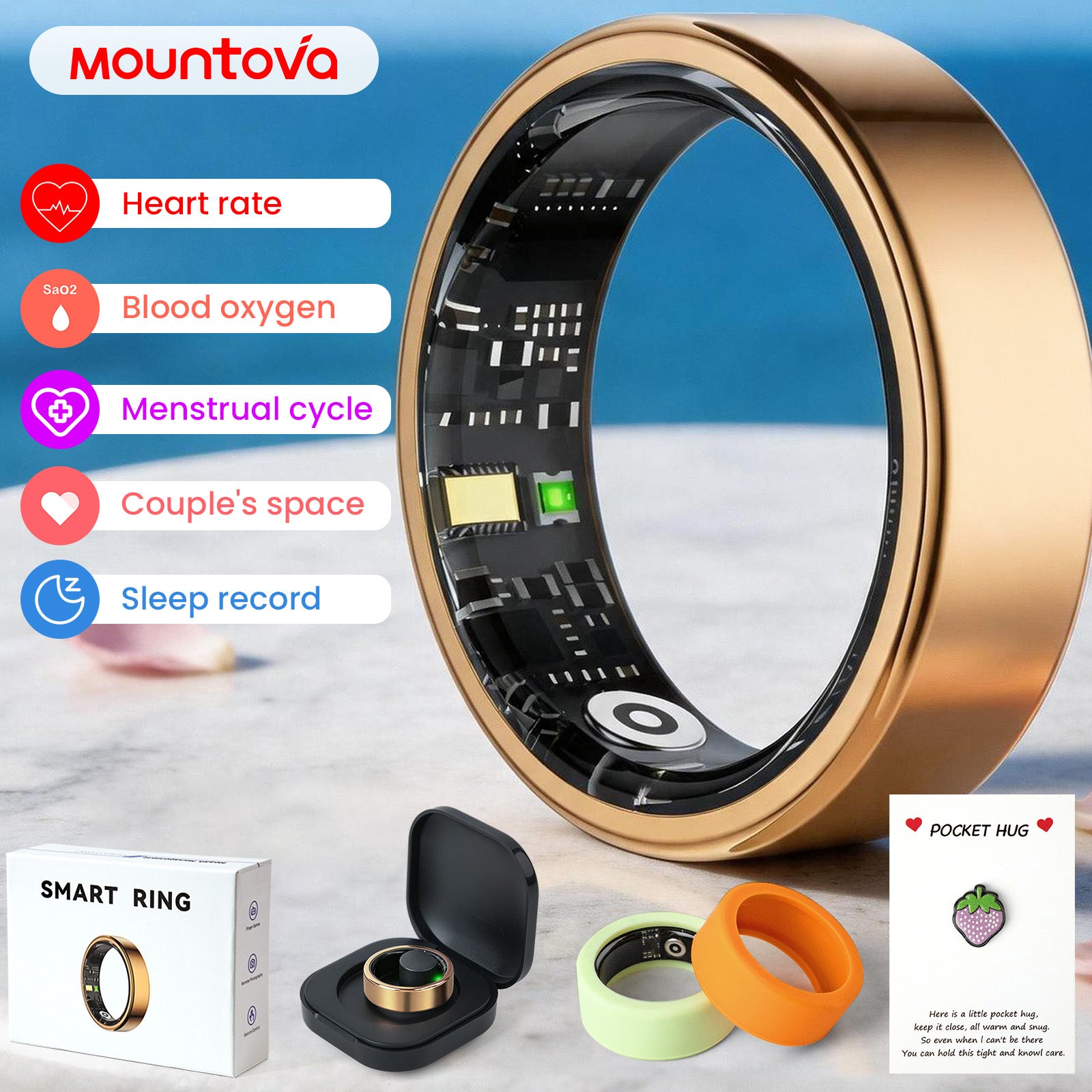 Gold-colored Stainless Steel Smart Ring – Fitness Tracker with 24/7 Sleep Tracking, Heart Rate,Blood Oxygen, Stress & Women's Cycle Monitor,IP68 & 5ATM Health & Fitness Tracker, iOS & Android Compatible, Charging Case Included