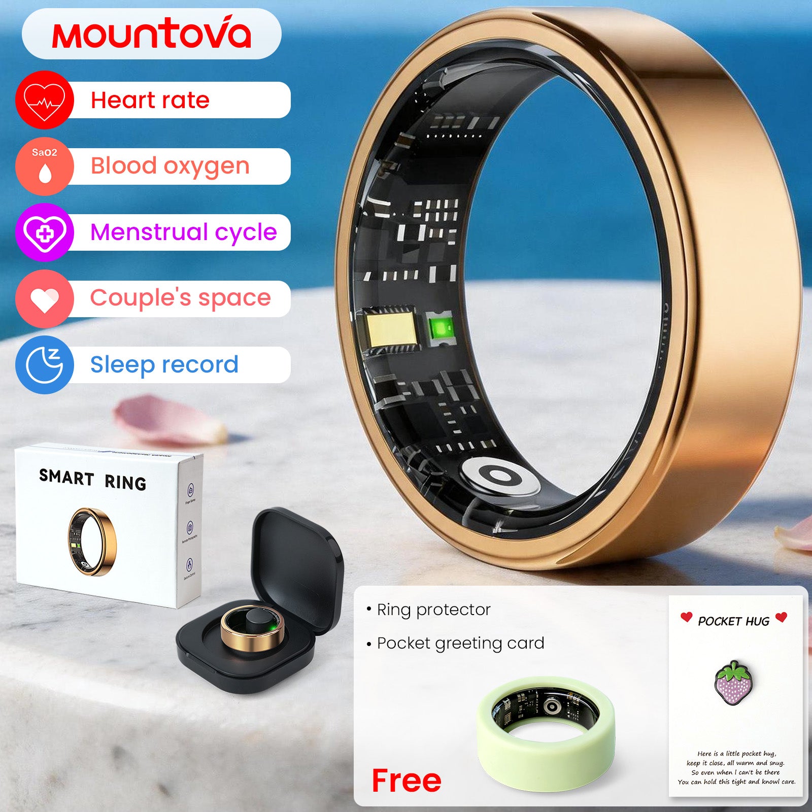 Gold-colored Stainless Steel Smart Ring – Fitness Tracker with 24/7 Sleep Tracking, Heart Rate,Blood Oxygen, Stress & Women's Cycle Monitor,IP68 & 5ATM Health & Fitness Tracker, iOS & Android Compatible, Charging Case Included