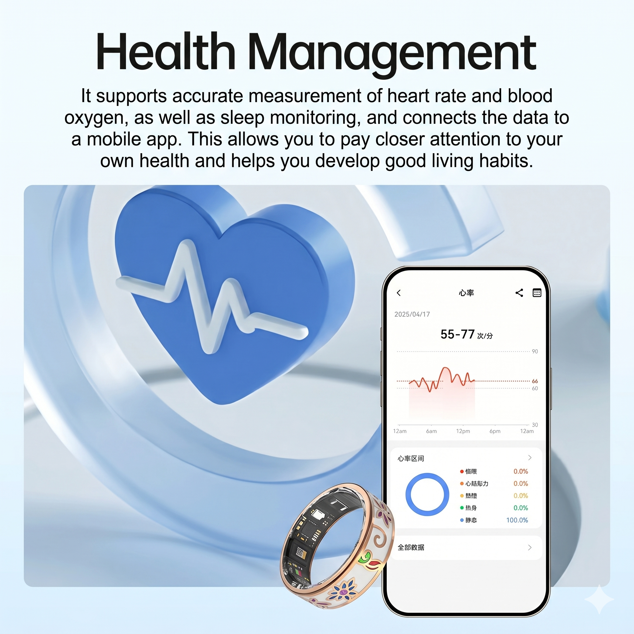 Unisex Smart Ring IP68 Waterproof Enamel Rose Gold Health Tracker Heart Rate Blood Oxygen Sleep Period Monitoring Compatible with iPhone Android