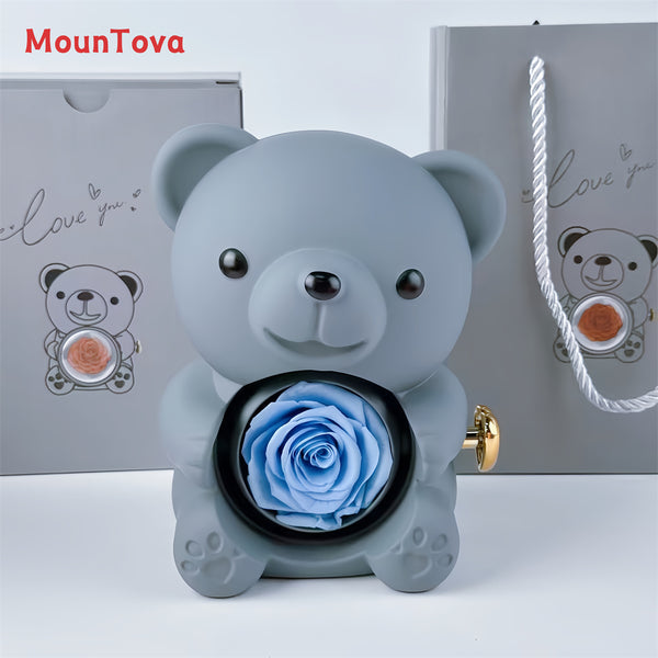 Mountova Teddy Bear Gift Box with Rotating Eternal Flower（Blue Grey)