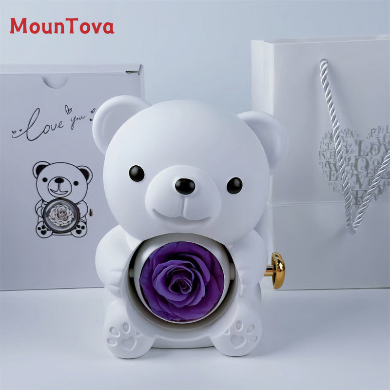 MounTova Teddy Bear with Preserved Flower, Gift Box with Necklace（White)