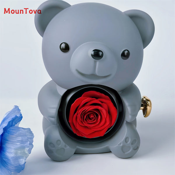 Mountova Teddy Bear Gift Box with Rotating Eternal Flower（Red Grey)