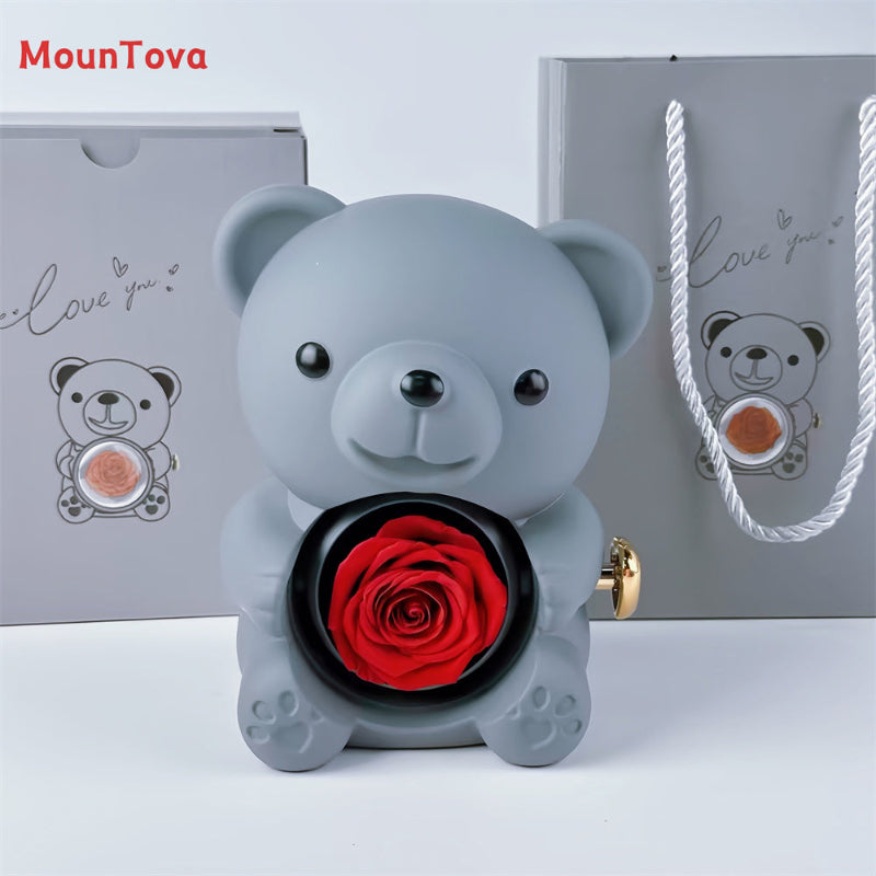 Mountova Teddy Bear Gift Box with Rotating Eternal Flower（ Grey)