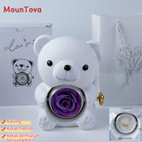 MounTova Teddy Bear with Preserved Flower, Gift Box with Necklace（White)