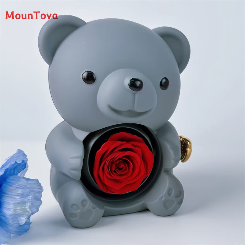 Mountova Teddy Bear Gift Box with Rotating Eternal Flower（ Grey)