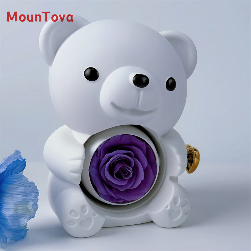 MounTova Teddy Bear with Preserved Flower, Gift Box with Necklace（White)