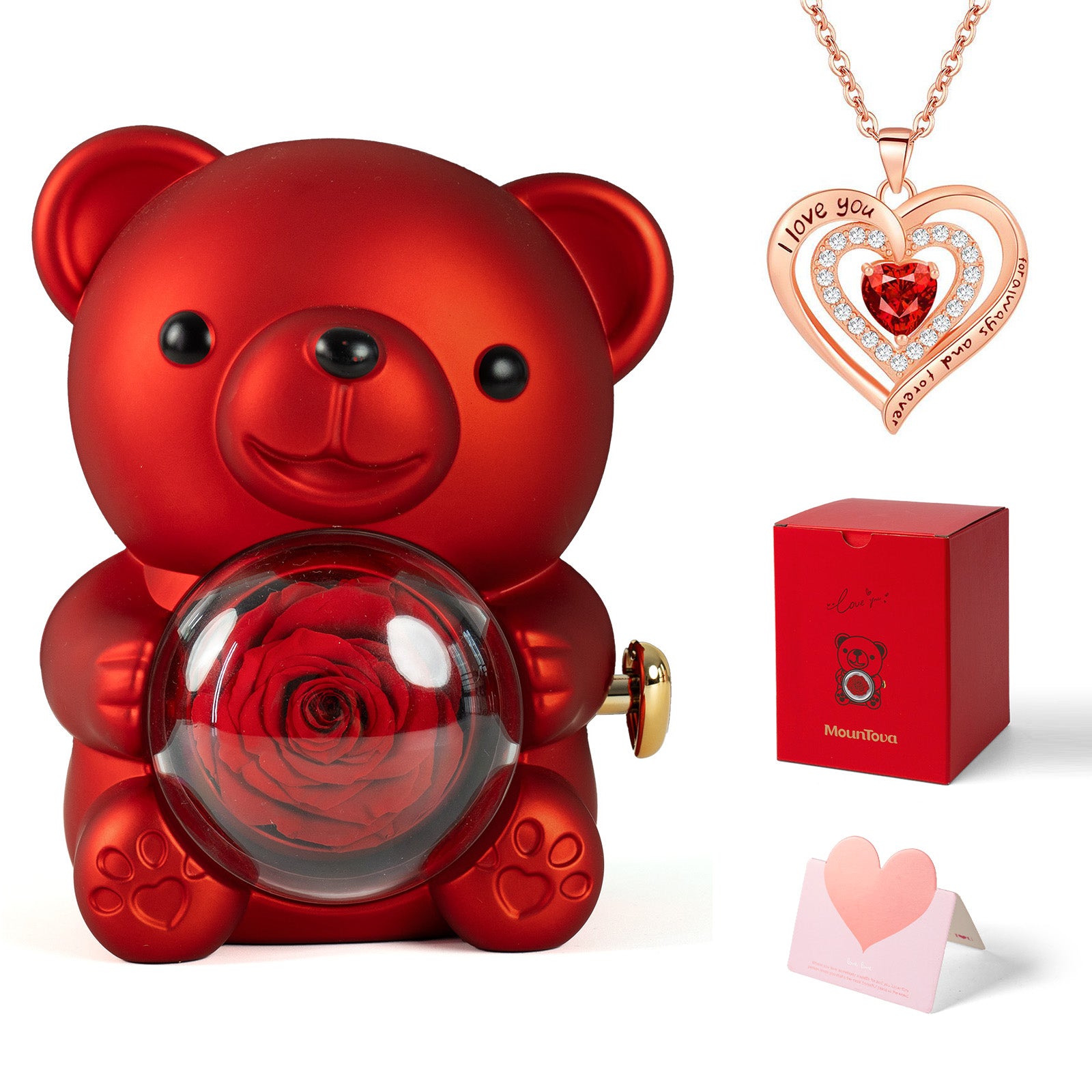 Eternal Rose Bear with Heart Necklace, Romantic Jewelry Gift Box, I Love You Pendant for Wife, Girlfriend, Birthday Anniversary