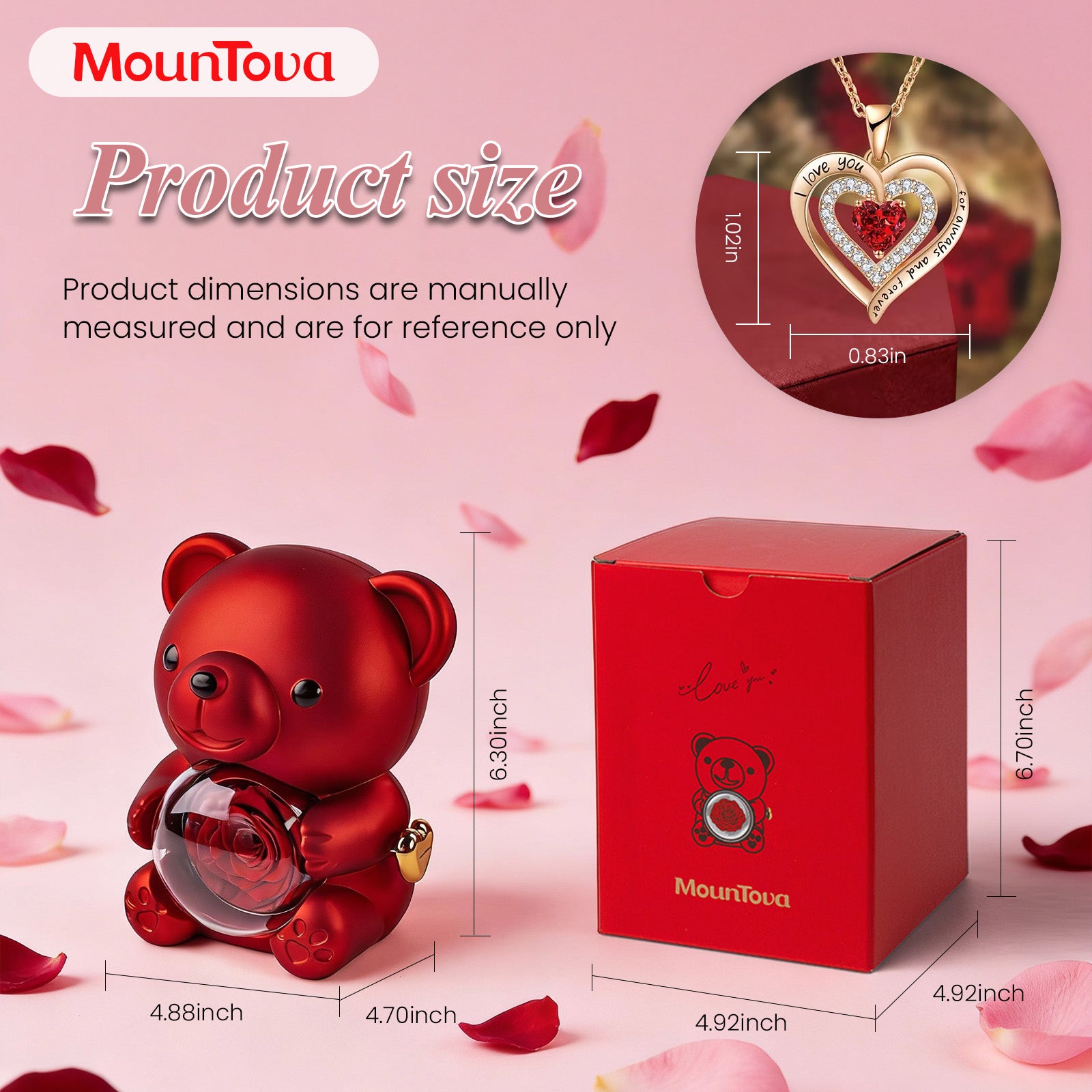 Mountova Teddy Bear and Rose with Hidden Necklace, Romantic Gift for Her