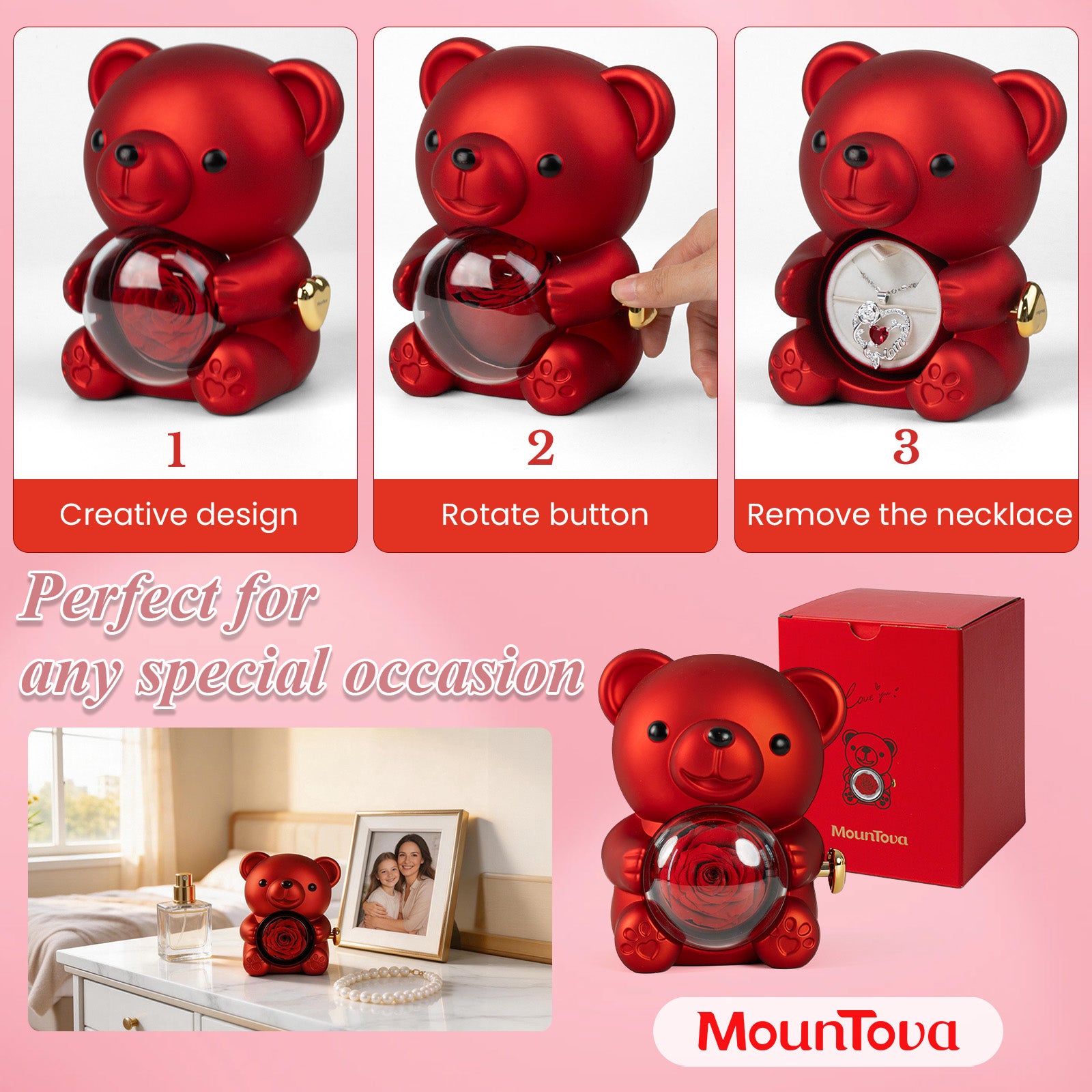 Eternal Rose Bear with Heart Necklace, Romantic Jewelry Gift Box, I Love You Pendant for Wife, Girlfriend, Birthday Anniversary