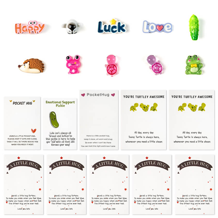 Collection of Whimsical Pocket Hugs | Emotional Support Pickle, Good Luck Charms & More