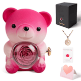 Ours en peluche rose dégradé et rose préservée avec collier caché
